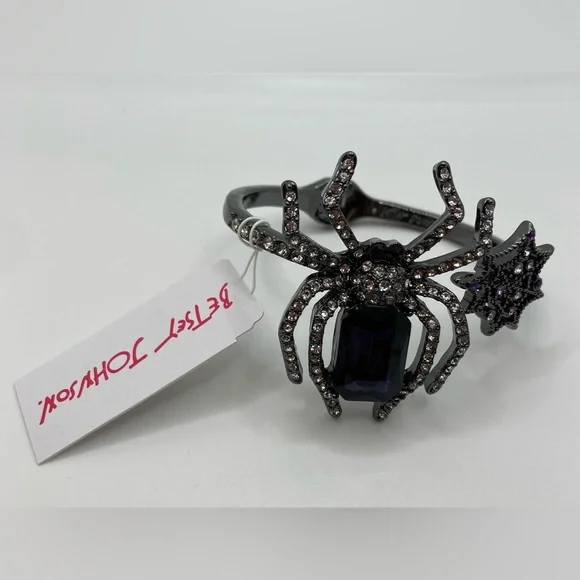 BETSEY JOHNSON Spider Purple Gem Rich Witch Crystal-Studded Hinged Bracelet NEW - Picture 2 of 8